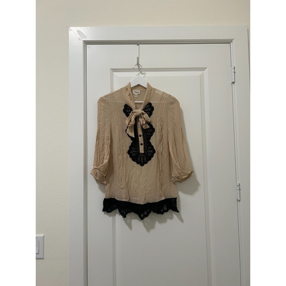 Temperley London Womens Cream Silk Ruffle Tie Neck Long Sleeve Blouse Top Size 4